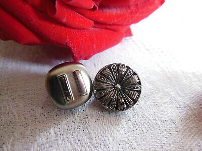 Duo petits boutons anciens en verre argenté travaillé collection 1,2/1,3 cm G7K