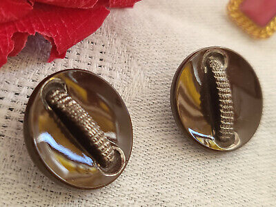 Duo boutons anciens en verre marron argenté diamètre 1,8 cm G4A