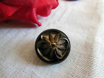 Duo boutons ancien en verre doré motif noir diamètre 1,7 cm D14C vintage