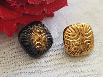 Duo boutons anciens en verre noir et doré 1,6 cm à pied G4I