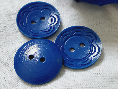 Trio anciens boutons bleu ciselé motif fleur diamètre 2,2 cm G8H