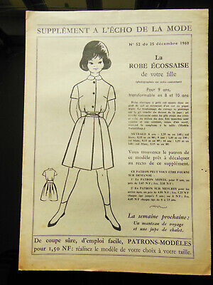Patron ancien écho de la mode 1960 robe écossaise fillette 9 ANS