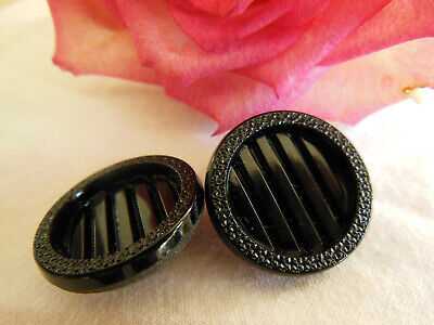 Duo gros boutons anciens en verre noir strié relief motif 2,1 cm G6L