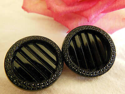 Duo gros boutons anciens en verre noir strié relief motif 2,1 cm G6L