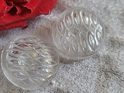 Duo gros boutons anciens en verre transparent motif creusé 2,6 cm ref 296