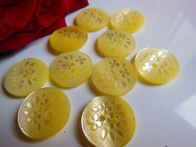 Lot 10 boutons vintage motif fleur jaune reflet nacré diamètre 1,7 cm ref 298
