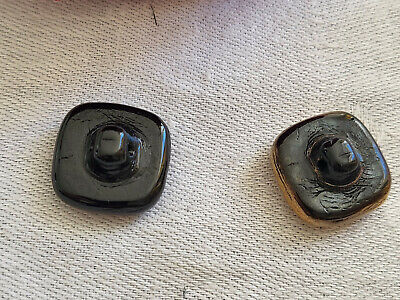 Duo boutons anciens en verre noir et doré 1,6 cm à pied G4I