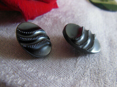 Duo boutons anciens en verre ovale gris hématite original G7H