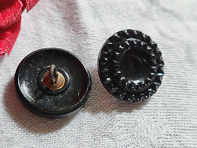 Duo boutons anciens en verre noir pied métal parfait état 1,8 cm D5E