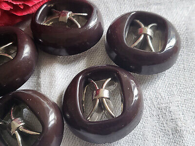 Lot 6 imposants boutons vintage kitch argenté /marron 2,8 cm ref 5124