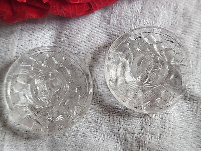 Duo boutons anciens en verre transparent motif diamètre 2,2 cm G6S