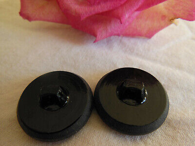 Duo gros boutons anciens en verre noir strié relief motif 2,1 cm G6L
