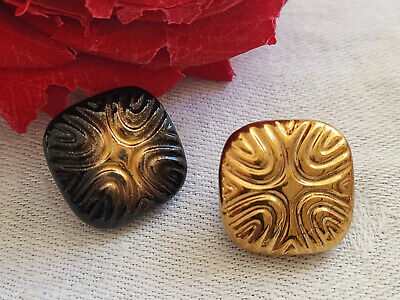 Duo boutons anciens en verre noir et doré 1,6 cm à pied G4I
