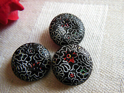 Trio Jolis boutons ancien en verre peint motif fleur Collection 1,7 cm G17F
