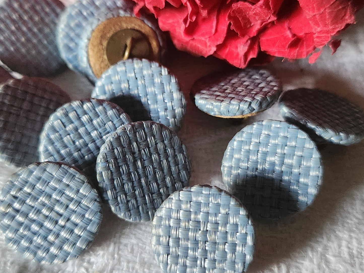 Lot 14 boutons anciens en rafia bleu passementerie pied cuir 1,5 cm ref 7021