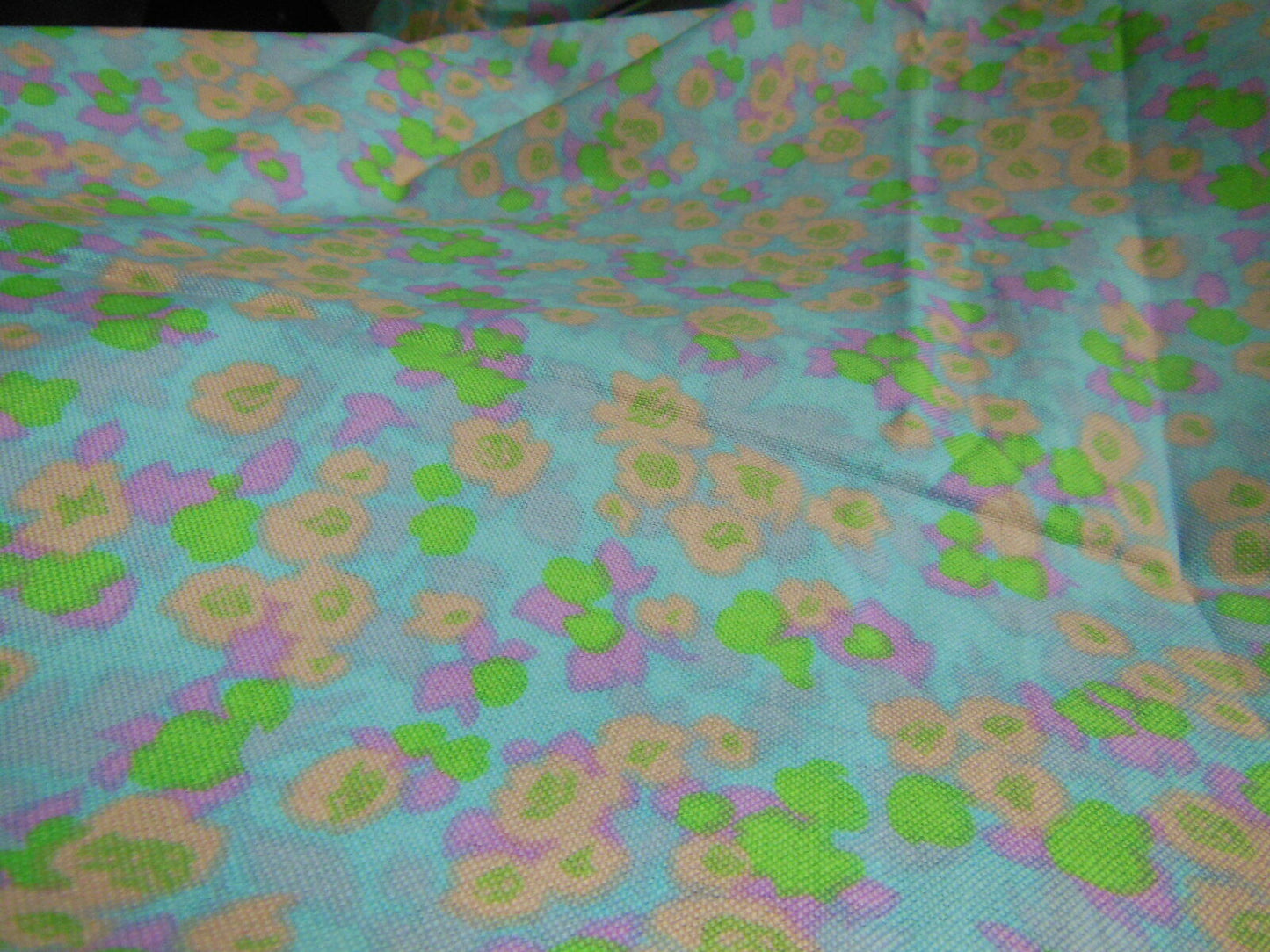 Ancien coupon tissu vintage bleu vert saumon fleur 1 m 90 sur 1 mètre B6