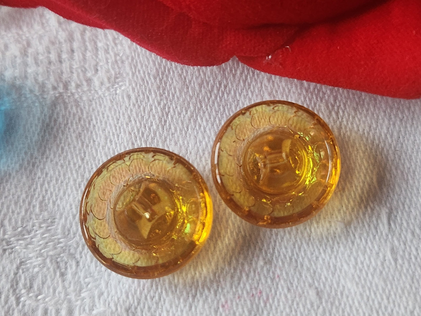 Duo boutons anciens en verre orange alveole vintage 1,5 cm D9D
