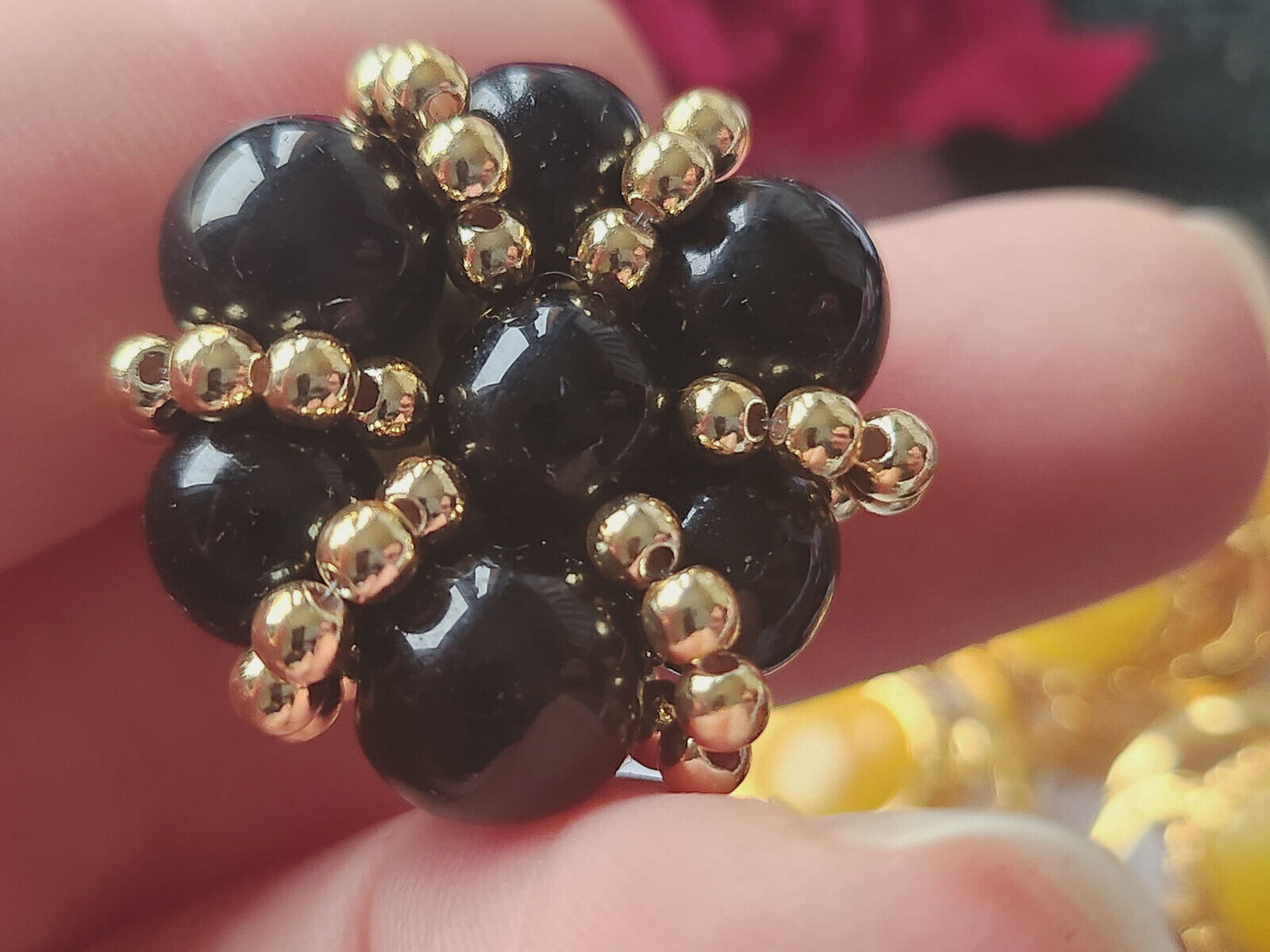 Bouton vintage métal torsade perle en verre noir parurier 2,6 cm ref 5138