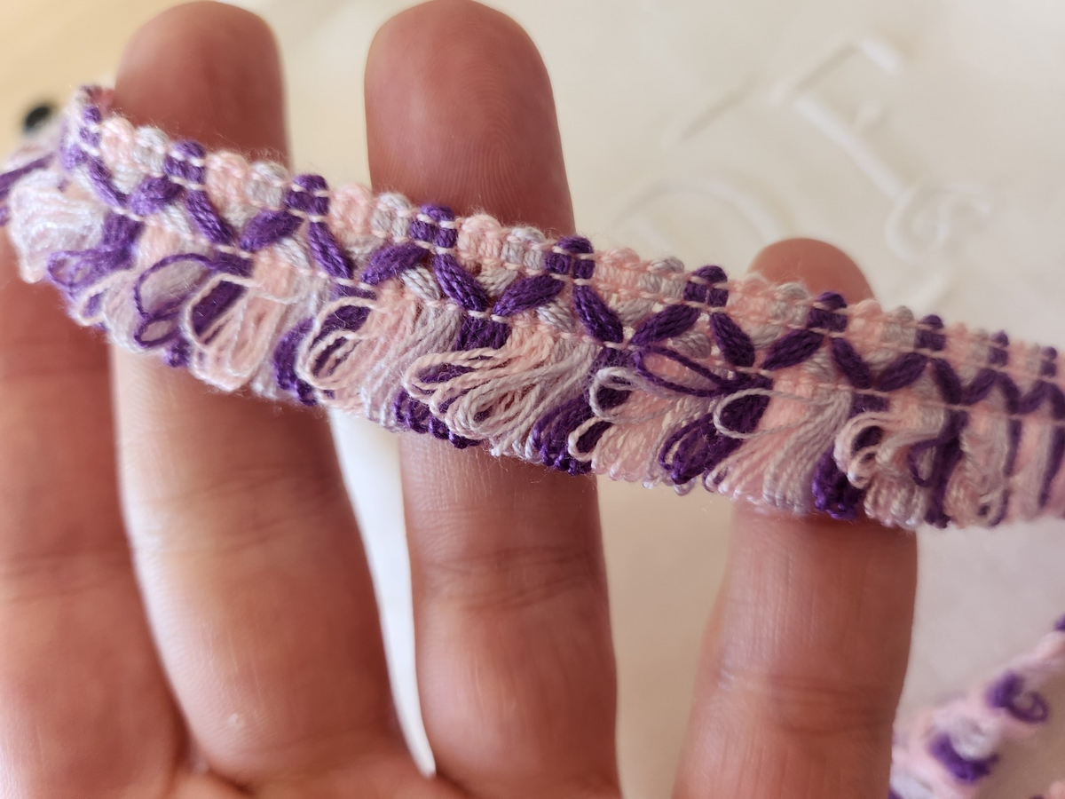 Galon vintage franges bouclettes rose violet 3 mètres sur 1,8 cm B3