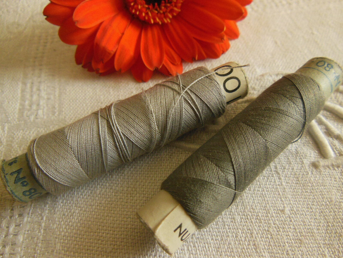 Duo grosses bobines ancienne fil gris couture mercerie ancien