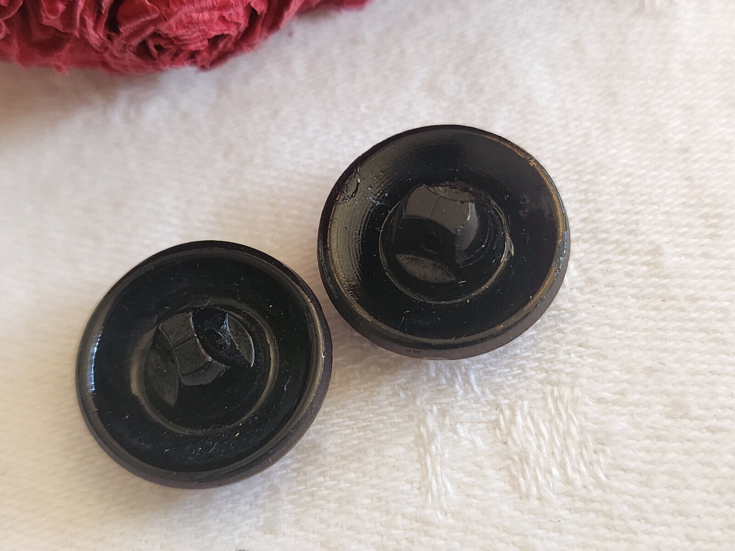 Duo boutons anciens en verre marron lumineux pied 1,7 cm vintage G2K