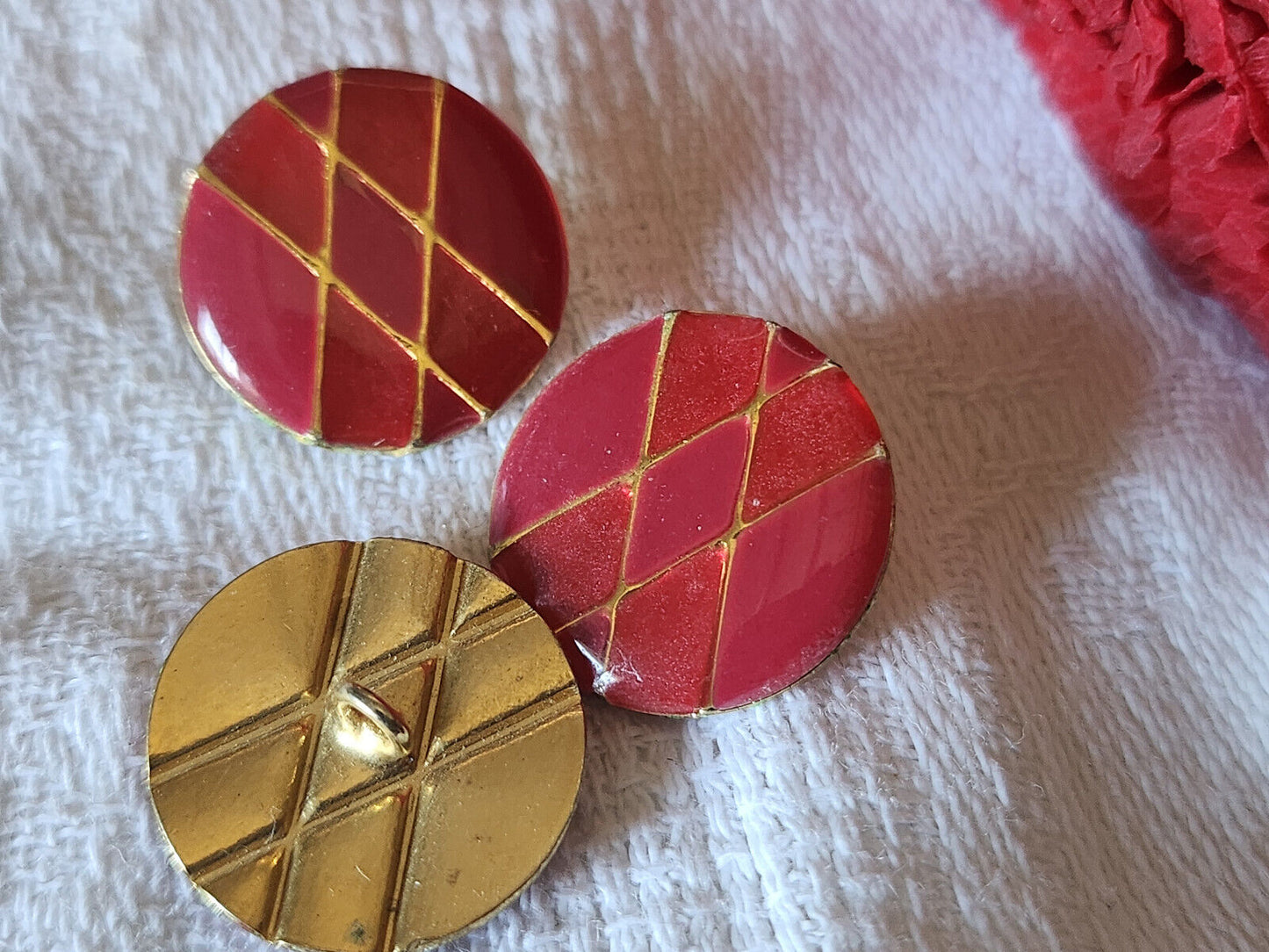 Trio boutons vintage en métal doré rose quadrillé 1,8 cm 1,3 cm D3C