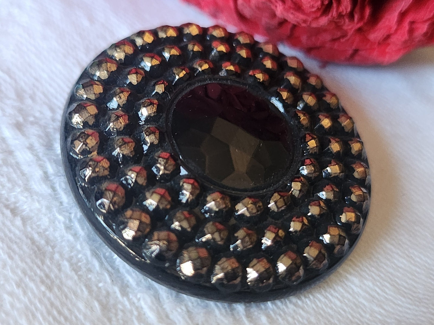 Enorme bouton ancien en verre noir doré picot 3,7 cm D11K