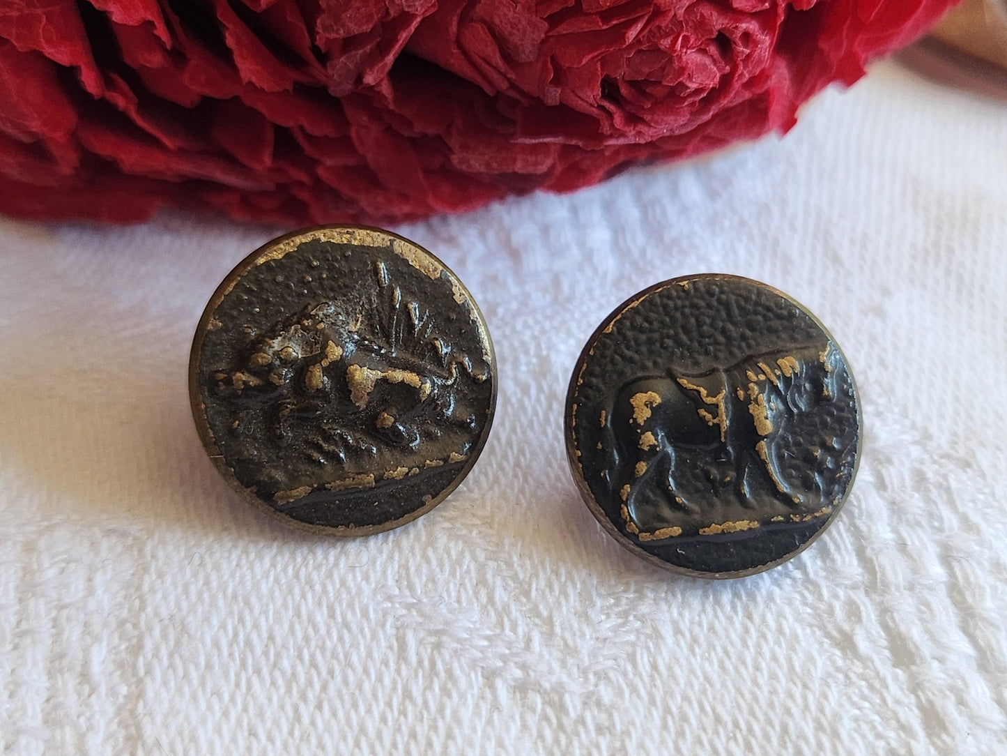 Duo boutons anciens en métal chasse collection sanglier cheval 1,6 cm G19A