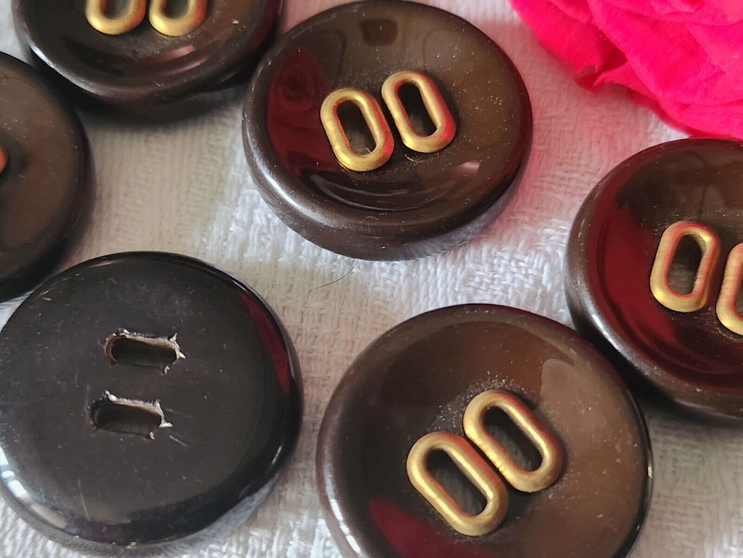 Lot 6 boutons vintage marron large passant doré gros 2,5 cm ref 784
