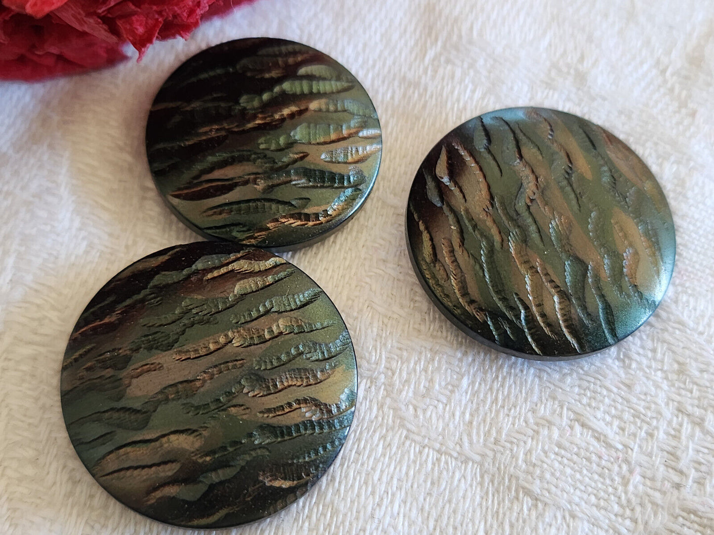 Trio boutons vintage marron vert métalisé à pied charmants 2,2 et 2 cm D13A