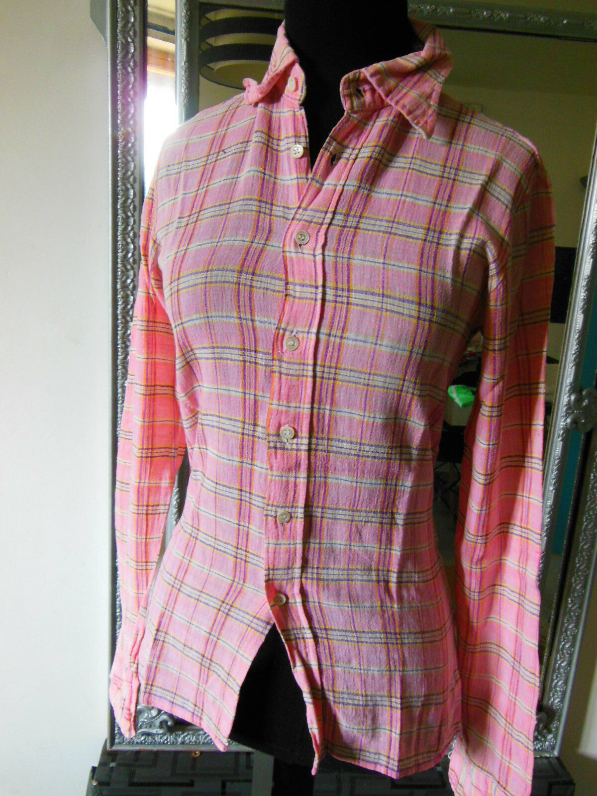Pur vintage ancienne chemise chemisier rose carreaux fine taille 36 B5