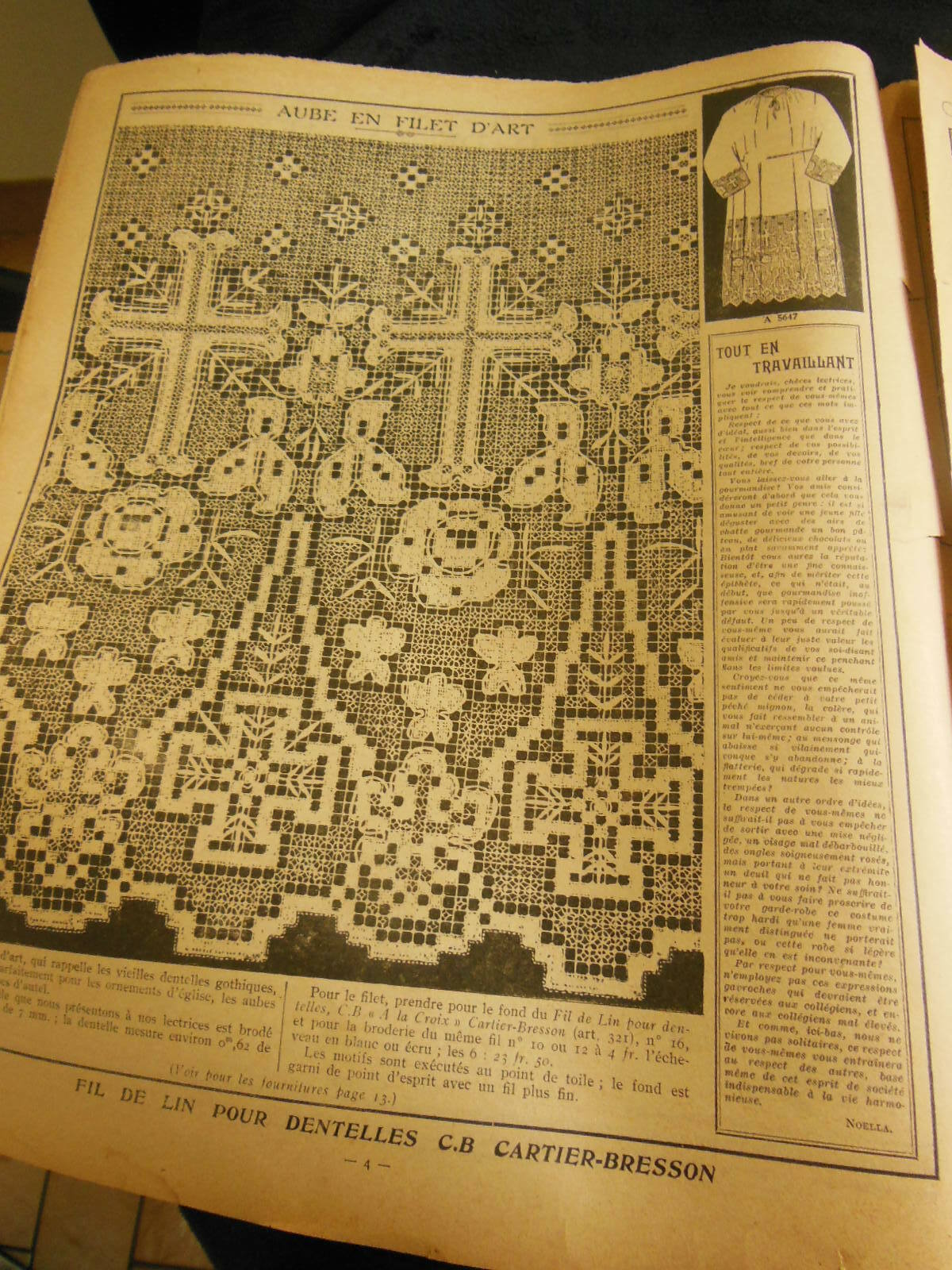 Mon ouvrage 1933 n°250 aube en filet d'Art, pochettes brodées liserons