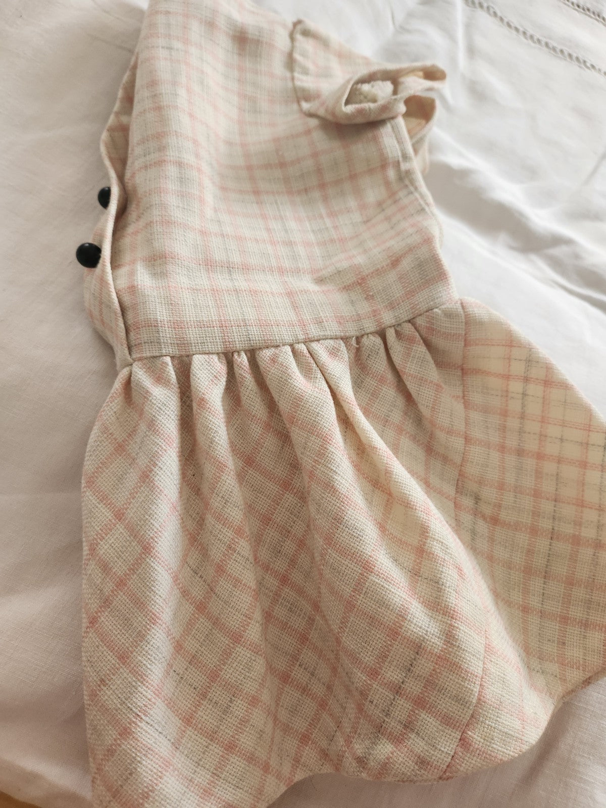 Petite robe ancienne enfant poupée vintage blanc rose épaisse B8