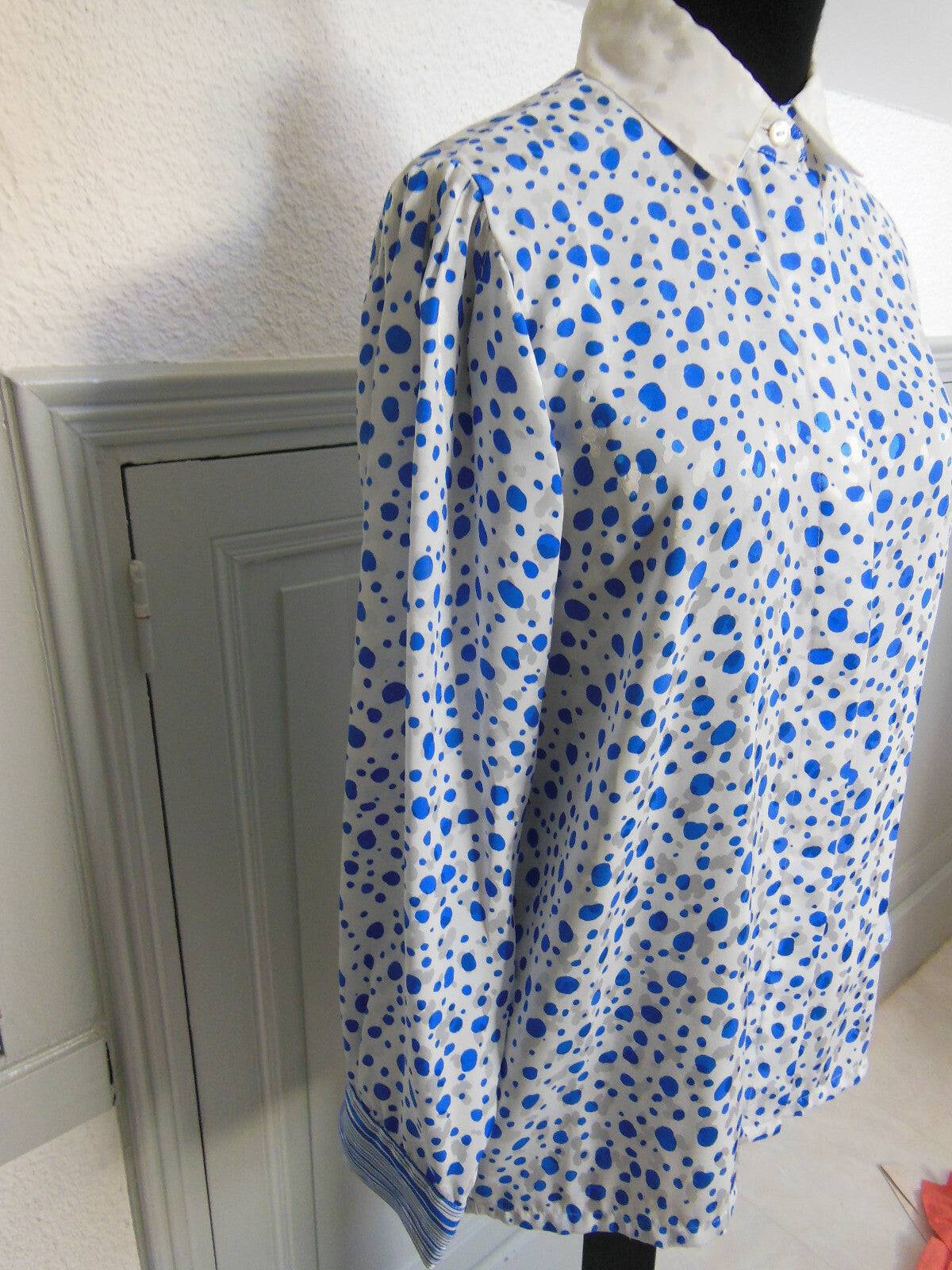 Pur vintage Louis Feraud chemisier lumineux blanc bleu taille 38?40? B6