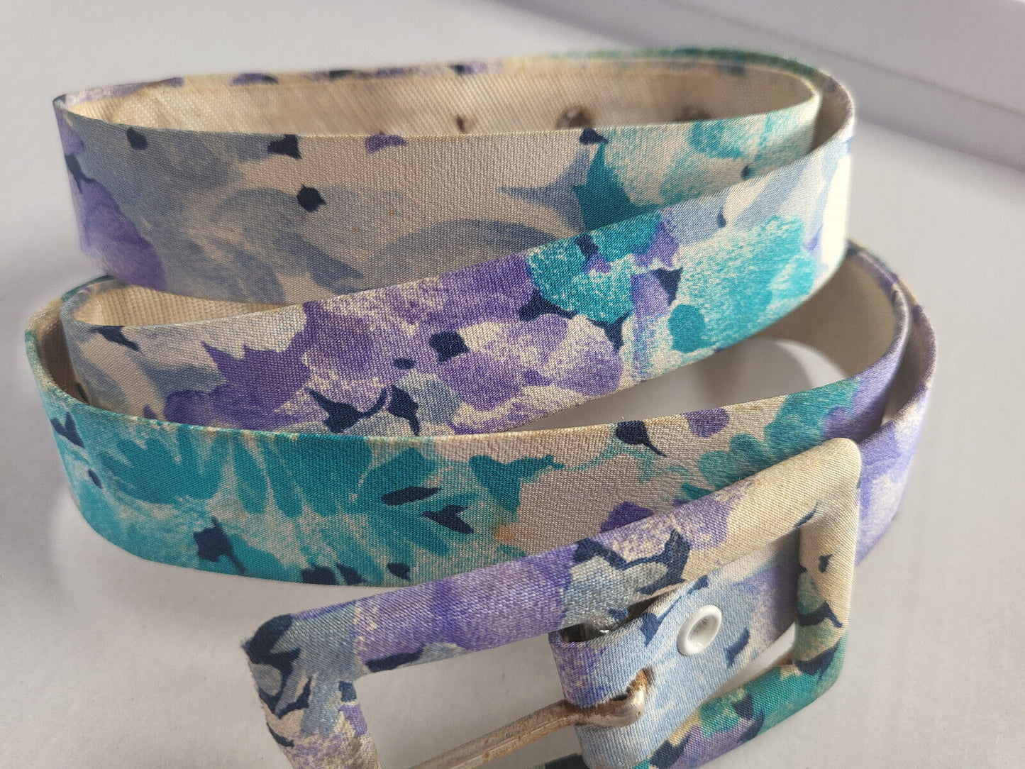 Ceinture ancienne vintage boucle tissu fleuri couture récup T17-6