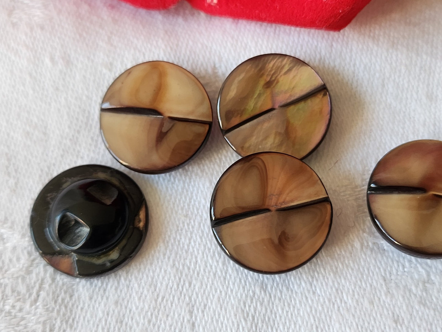 Lot 5 boutons ancien en nacre laiteuse marron épais pied vintage 1,7 cm ref 2048