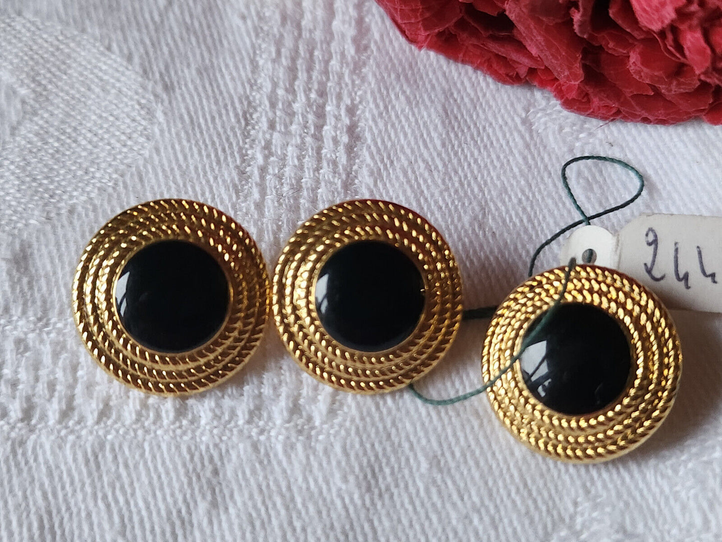 Trio boutons vintage en métal doré noir pied etiquette 1,7 cm G16H