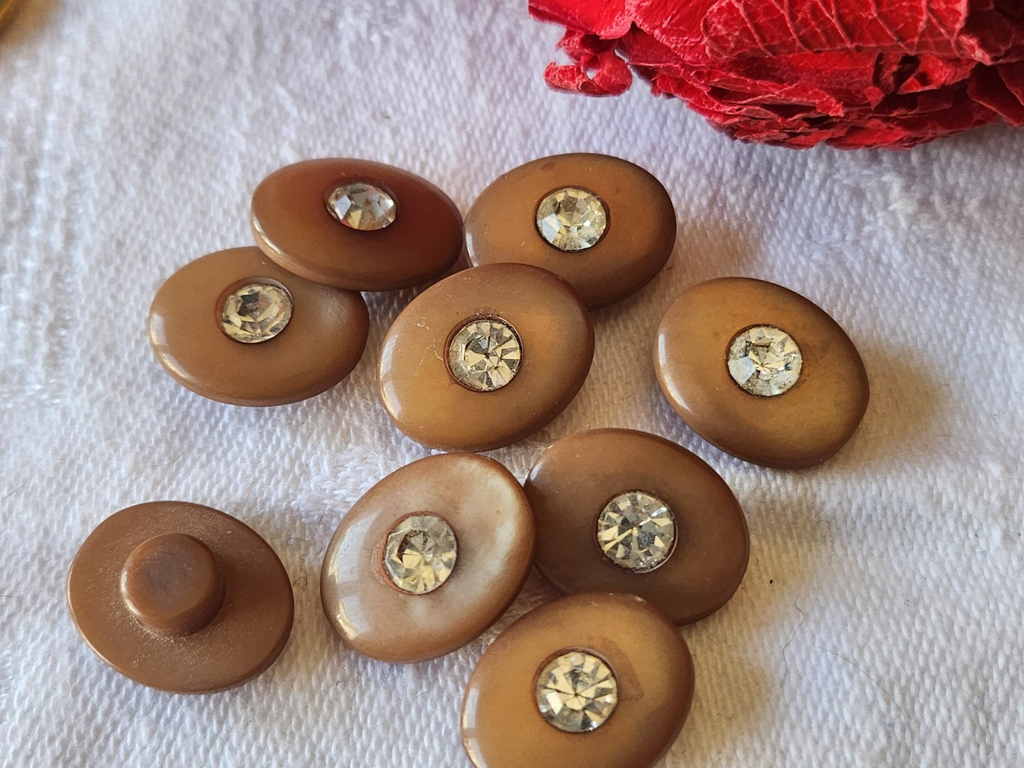 Lot 9 boutons vintage ovale marron strass verre pied 1,4 cm sur 1,1 ref 5221