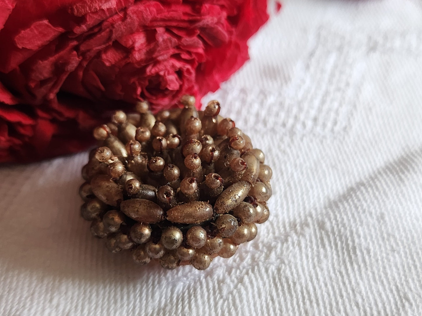 Bouton vintage métal torsade perle main bijoux parurier 2,6 cm D19E