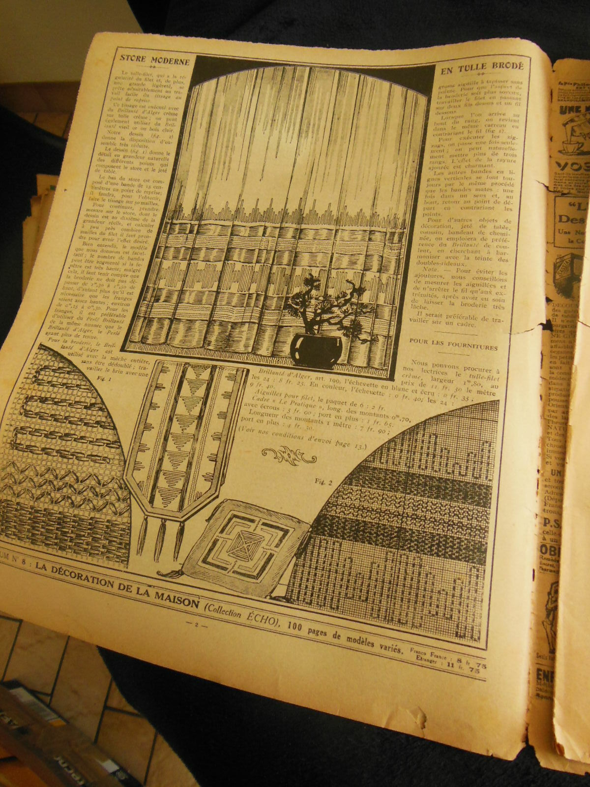 Mon ouvrage 1933 n°250 aube en filet d'Art, pochettes brodées liserons