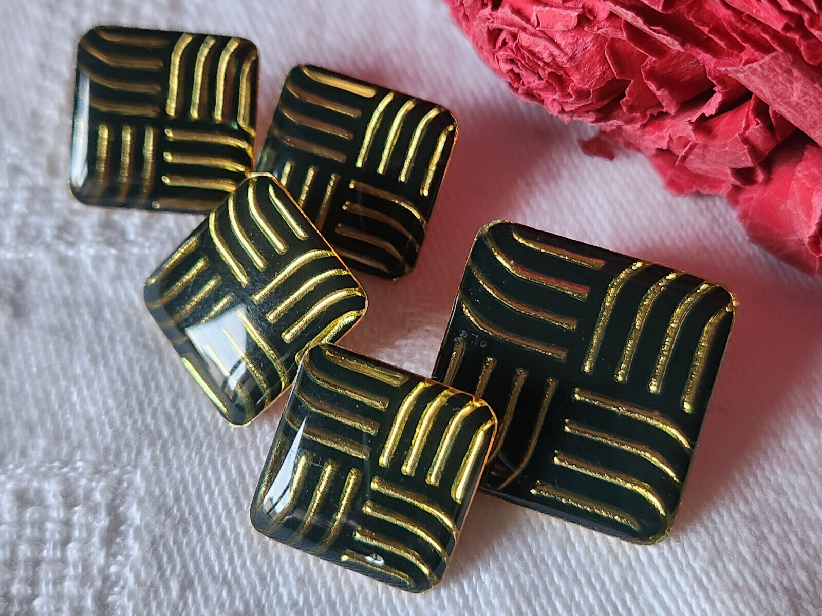 Lot De 5 Boutons Vintage En Métal Noir - Inclusions Carrées - Pied 1,5 Et 2 Cm - Occasion
