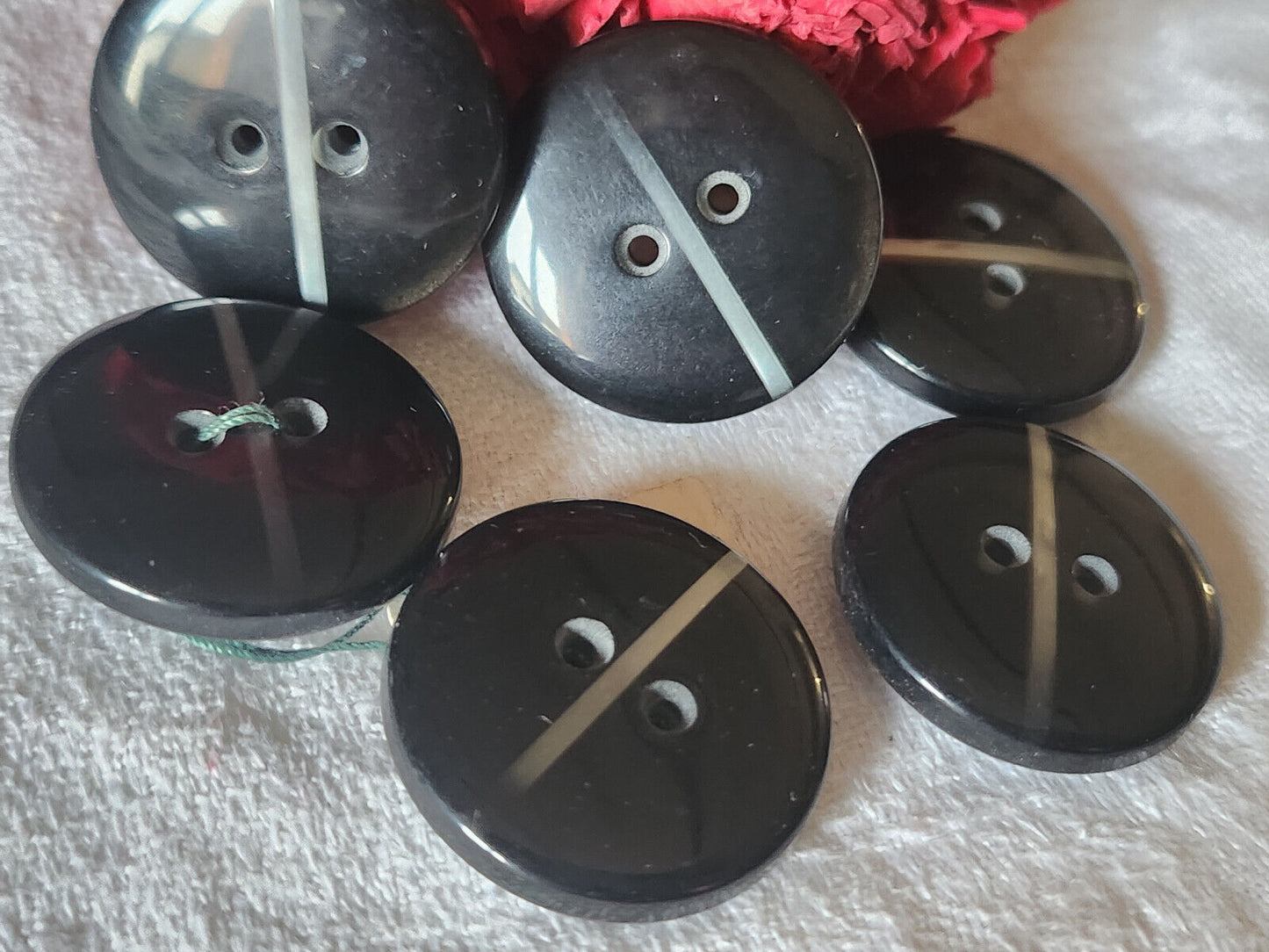 Lot 6 jolis boutons vintage noir liseré argenté épais trous 2,5 cm gros ref 4778