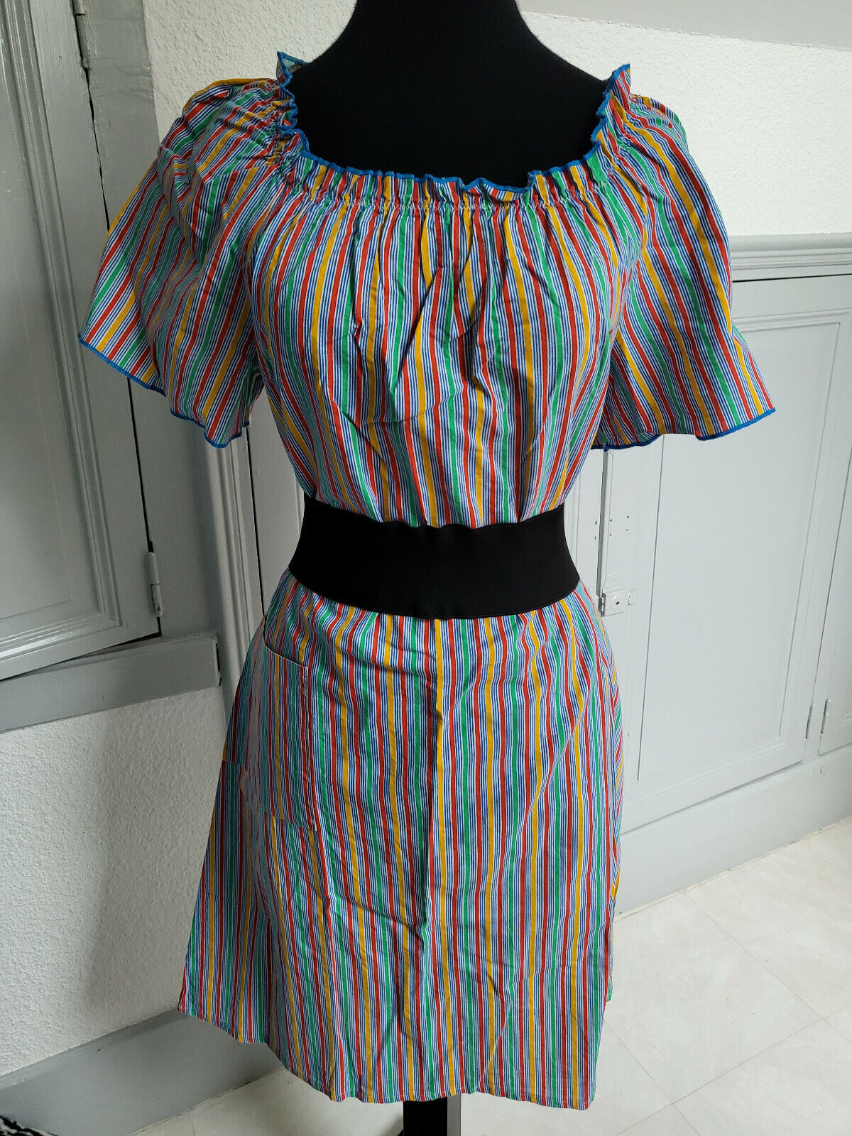 Pur vintage robe ancienne coton imprimé rouge jaune vert 38 ? B5