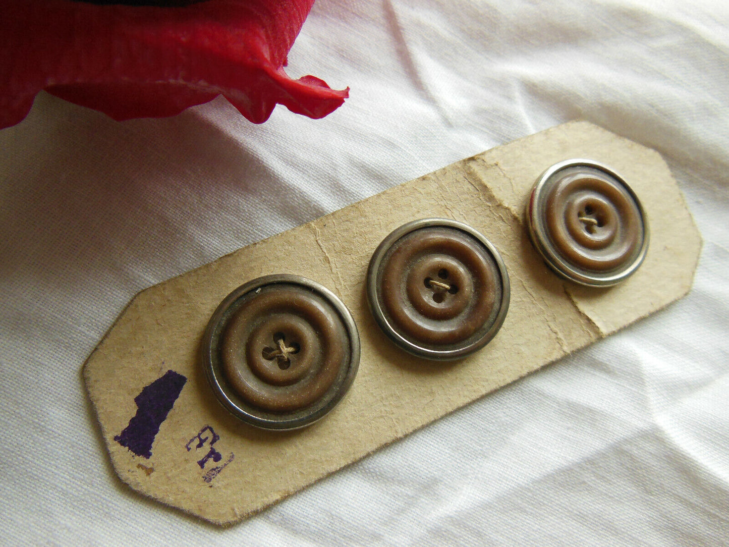 Trio intéressant boutons ancien sur mini plaque bi matière 1,8 cm collection