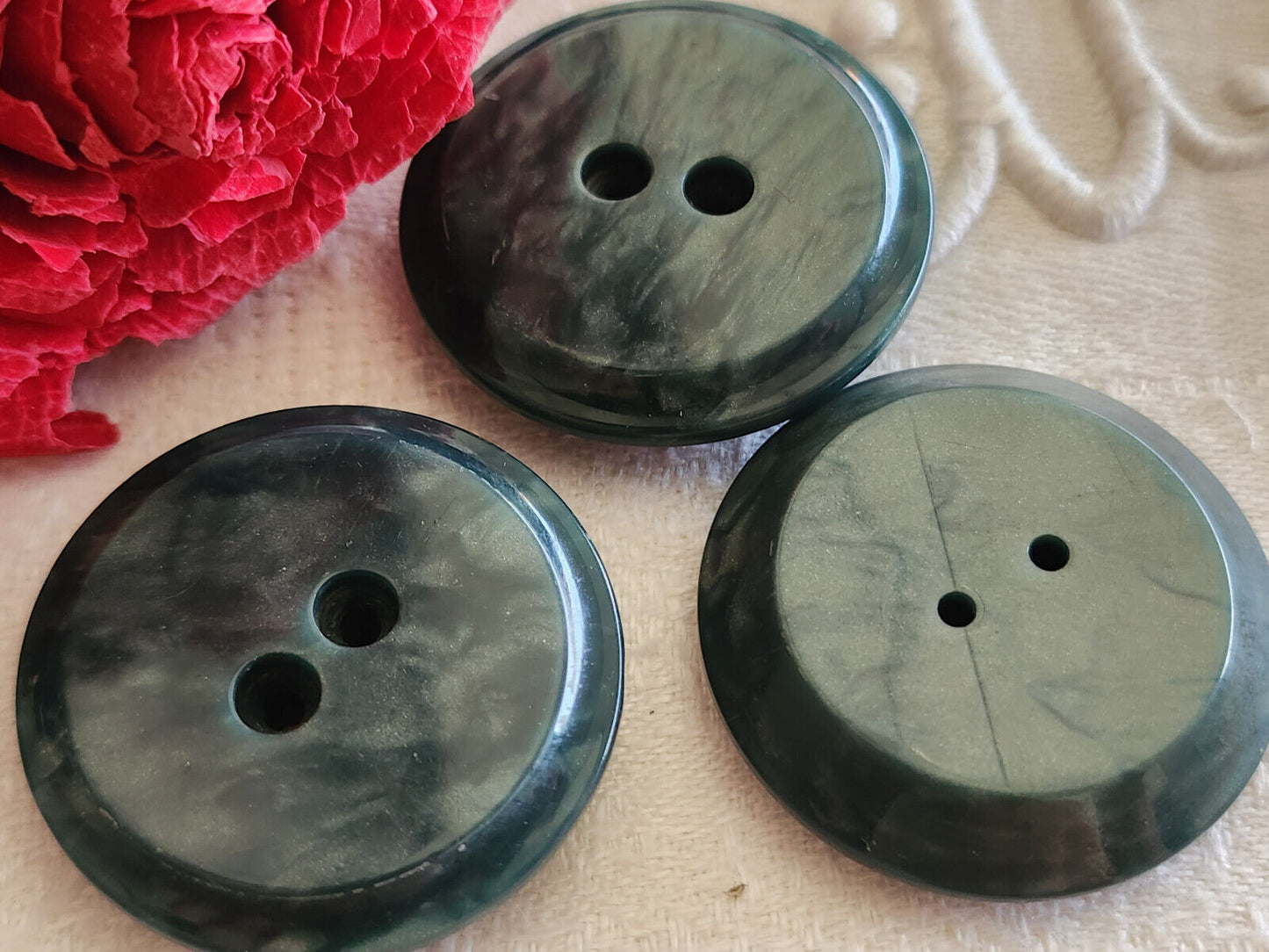 Trio gros boutons vintage vert marbré épais 3,4 cm ref 2811