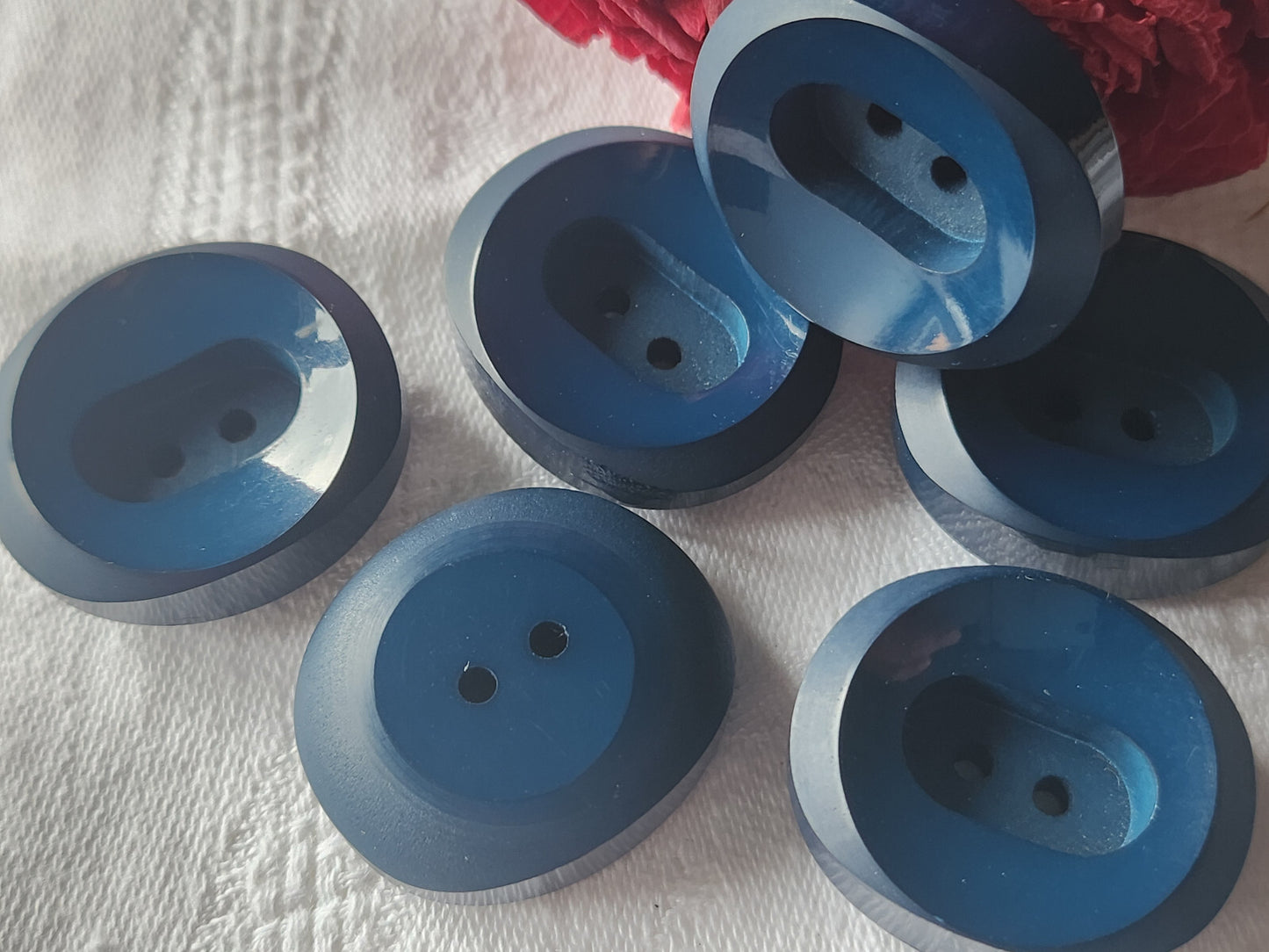 Lot 6 gros et épais boutons vintage bleu 2,6 sur 3 cm lourd trous ref 4806