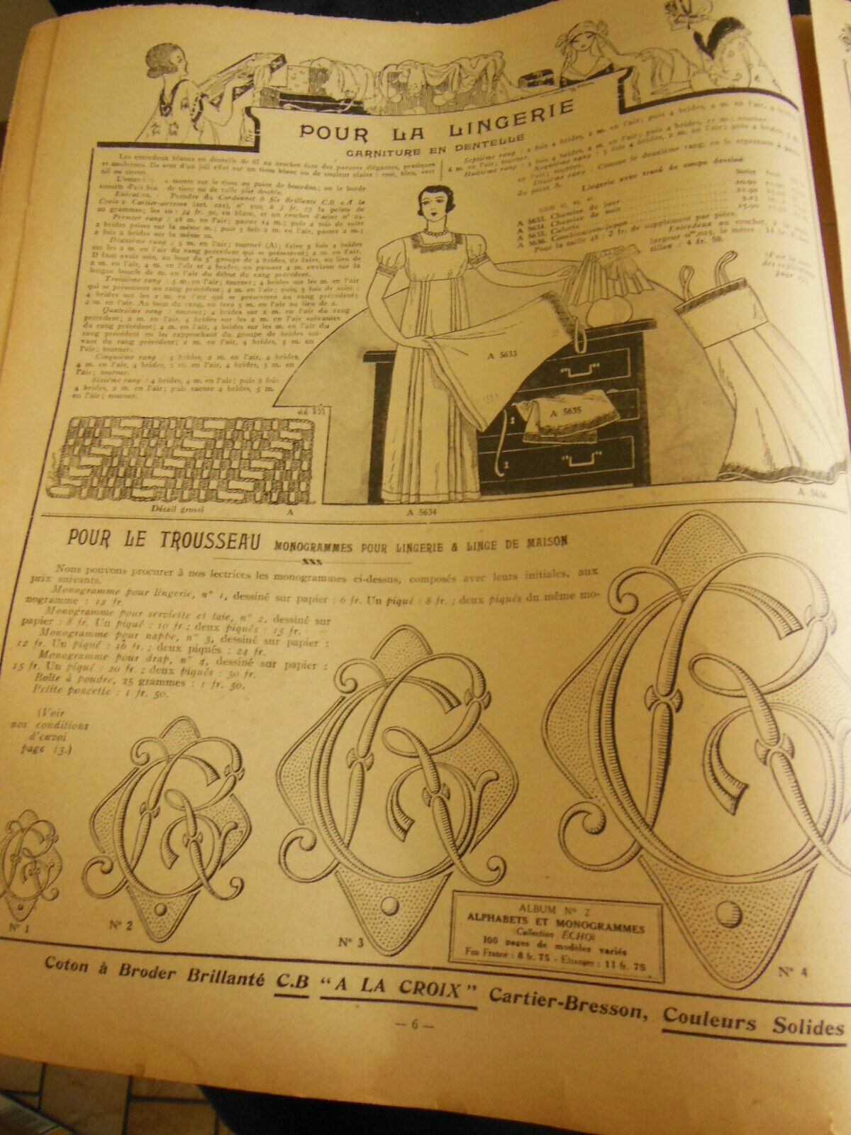 Mon ouvrage 1933 n°250 aube en filet d'Art, pochettes brodées liserons