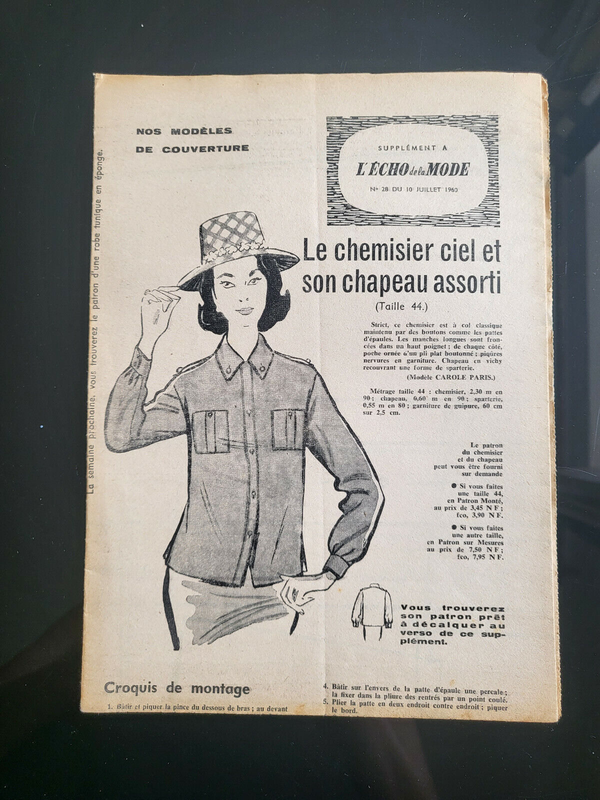Patron ancien echo de la mode 1960 chemisier et chapeau taille 44