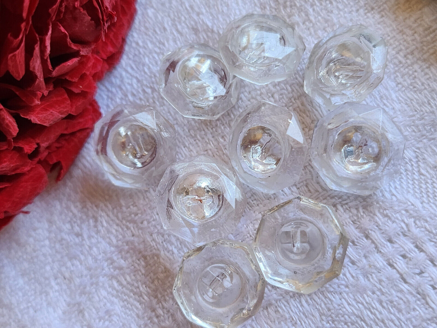 Lot 6 boutons ancien en verre transparant facette à pied 1,2 cm ref 4803