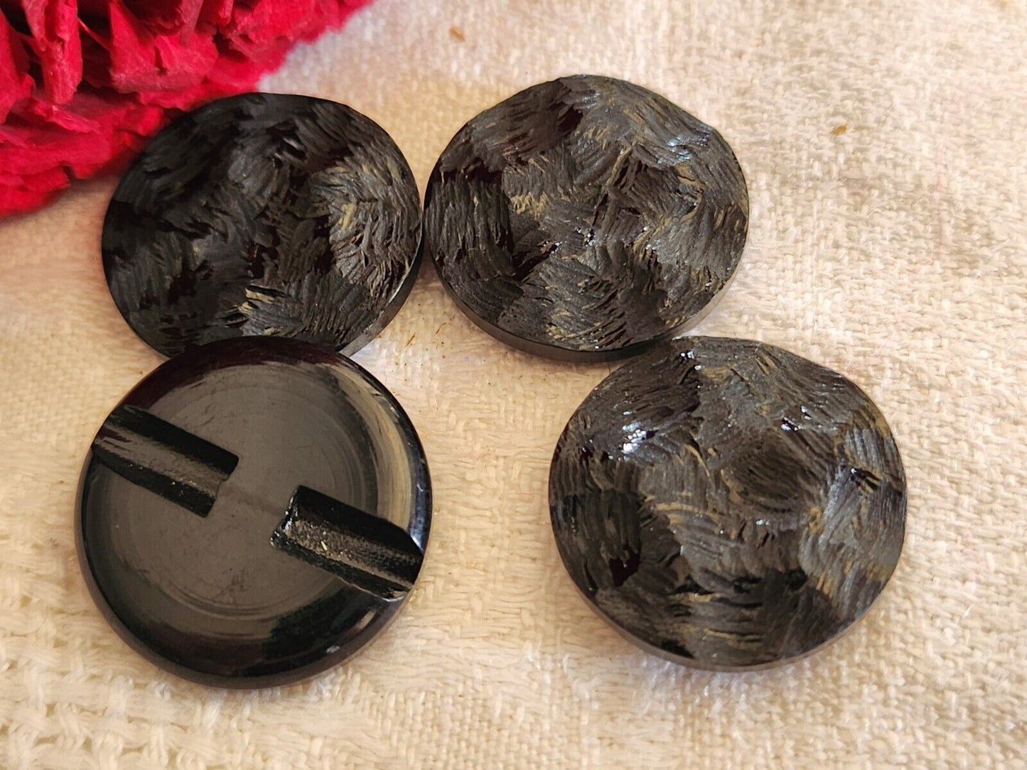 Lot 4 boutons vintage noir gris texturé pied plat 2,2 cm ref 2606